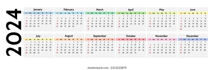 Horizontal calendar for 2024 isolated on a white background. Sunday to Monday, business template. Vector illustration