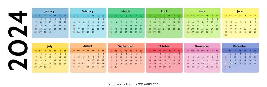 Horizontal calendar for 2024 isolated on a white background. Sunday to Monday, business template. Vector illustration