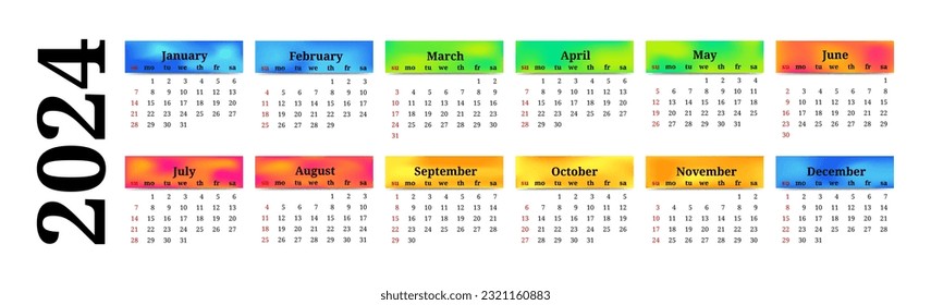 Horizontal calendar for 2024 isolated on a white background. Sunday to Monday, business template. Vector illustration