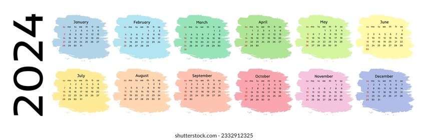 Horizontal calendar for 2024 isolated on a white background. Sunday to Monday, business template. Vector illustration