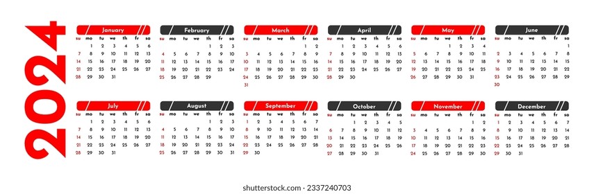 Horizontal calendar for 2024 isolated on a white background. Sunday to Monday, business template. Vector illustration