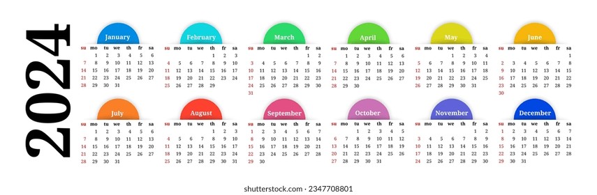 Horizontal calendar for 2024 isolated on a white background. Sunday to Monday, business template. Vector illustration