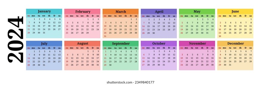 Horizontal calendar for 2024 isolated on a white background. Sunday to Monday, business template. Vector illustration
