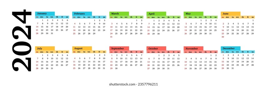 Horizontal calendar for 2024 isolated on a white background. Sunday to Monday, business template. Vector illustration