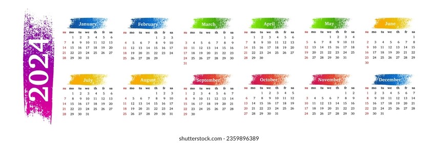 Horizontal calendar for 2024 isolated on a white background. Sunday to Monday, business template. Vector illustration