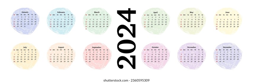 Horizontal calendar for 2024 isolated on a white background. Sunday to Monday, business template. Vector illustration