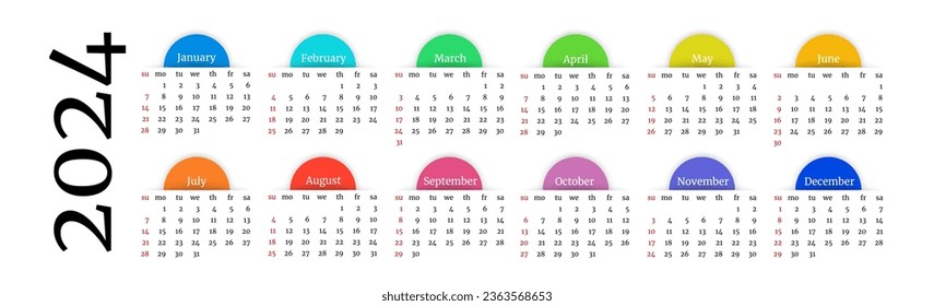 Horizontal calendar for 2024 isolated on a white background. Sunday to Monday, business template. Vector illustration