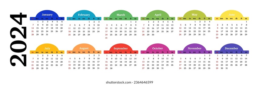Horizontal calendar for 2024 isolated on a white background. Sunday to Monday, business template. Vector illustration