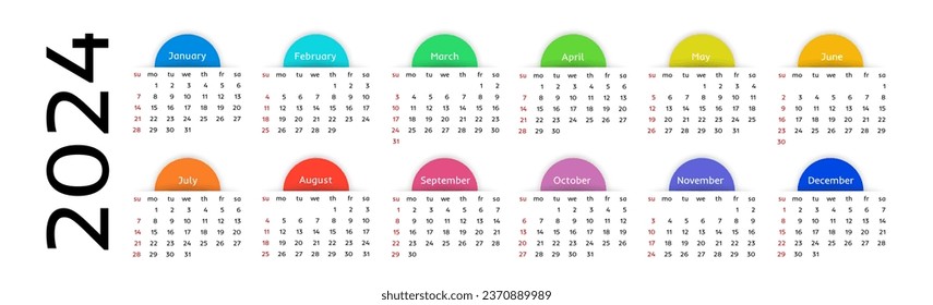 Horizontal calendar for 2024 isolated on a white background. Sunday to Monday, business template. Vector illustration