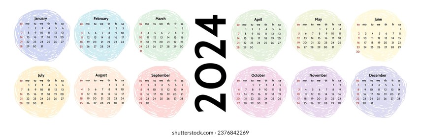 Horizontal calendar for 2024 isolated on a white background. Sunday to Monday, business template. Vector illustration