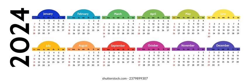 Horizontaler Kalender für 2024 einzeln auf weißem Hintergrund. Von Sonntag bis Montag, Geschäftsvorlage. Vektorgrafik