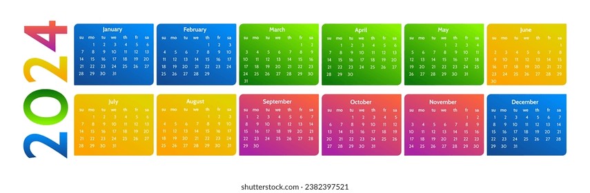Horizontal calendar for 2024 isolated on a white background. Sunday to Monday, business template. Vector illustration