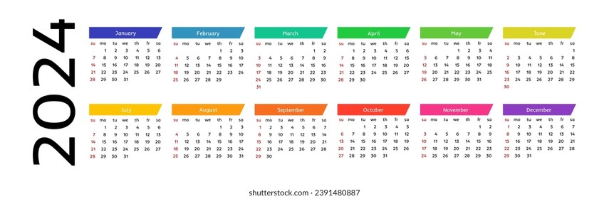 Horizontal calendar for 2024 isolated on a white background. Sunday to Monday, business template. Vector illustration