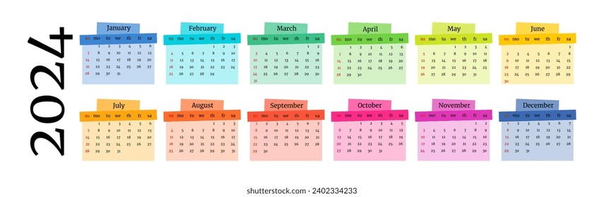 Horizontal calendar for 2024 isolated on a white background. Sunday to Monday, business template. Vector illustration