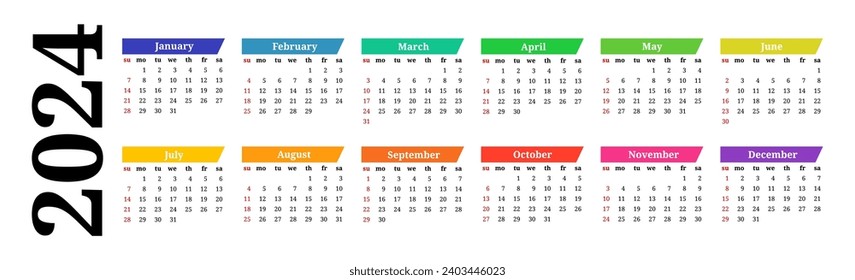 Horizontal calendar for 2024 isolated on a white background. Sunday to Monday, business template. Vector illustration
