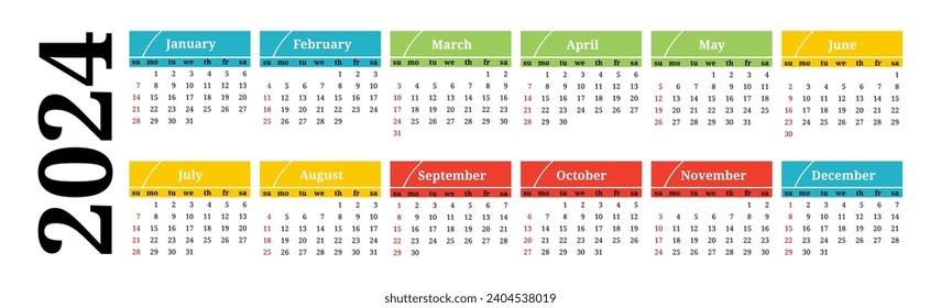 Horizontal calendar for 2024 isolated on a white background. Sunday to Monday, business template. Vector illustration