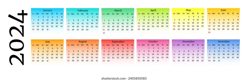 Horizontal calendar for 2024 isolated on a white background. Sunday to Monday, business template. Vector illustration