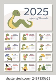 Horizontal calendar 2025 with a cute snake, symbol of the year. Cover and 12 month pages with seasonal vector cute illustrations. The week starts on Sunday.