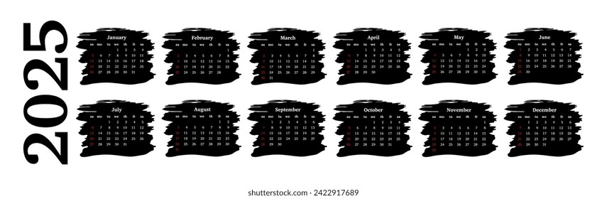 Horizontal calendar for 2025 isolated on a white background. Sunday to Monday, business template. Vector illustration