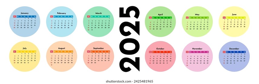 Horizontal calendar for 2025 isolated on a white background. Sunday to Monday, business template. Vector illustration