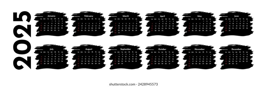 Horizontal calendar for 2025 isolated on a white background. Sunday to Monday, business template. Vector illustration