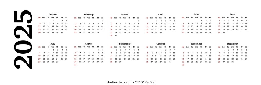 Horizontal calendar for 2025 isolated on a white background. Sunday to Monday, business template. Vector illustration