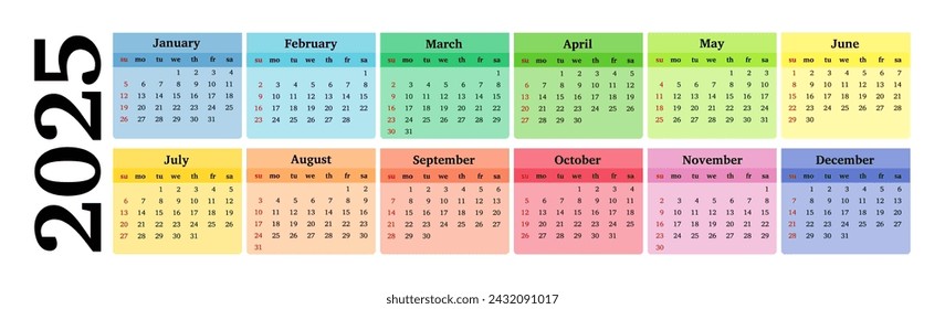 Horizontal calendar for 2025 isolated on a white background. Sunday to Monday, business template. Vector illustration