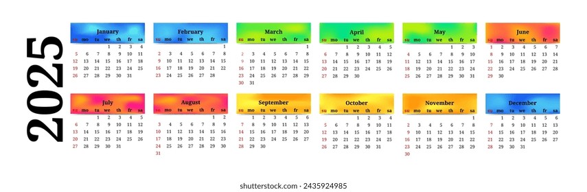 Horizontal calendar for 2025 isolated on a white background. Sunday to Monday, business template. Vector illustration