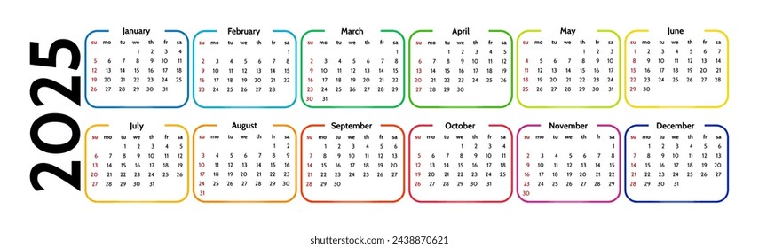 Horizontal calendar for 2025 isolated on a white background. Sunday to Monday, business template. Vector illustration