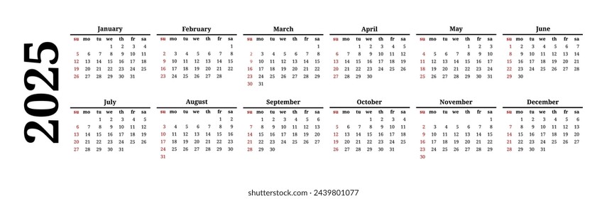 Horizontal calendar for 2025 isolated on a white background. Sunday to Monday, business template. Vector illustration