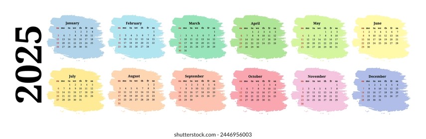 Horizontal calendar for 2025 isolated on a white background. Sunday to Monday, business template. Vector illustration