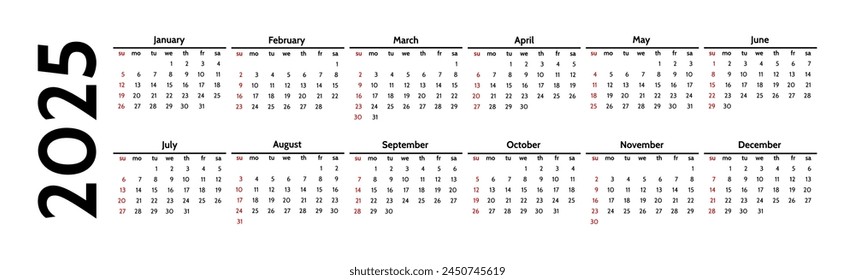 Horizontal calendar for 2025 isolated on a white background. Sunday to Monday, business template. Vector illustration