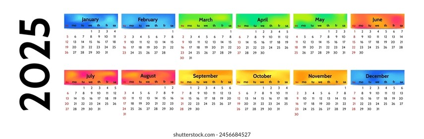 Horizontal calendar for 2025 isolated on a white background. Sunday to Monday, business template. Vector illustration