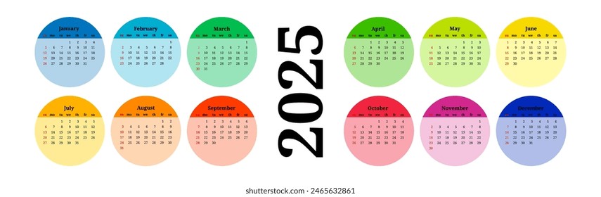 Horizontal calendar for 2025 isolated on a white background. Sunday to Monday, business template. Vector illustration