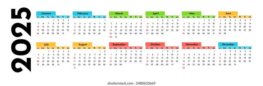 Horizontal calendar for 2025 isolated on a white background. Sunday to Monday, business template. Vector illustration