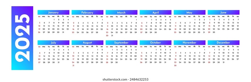 Horizontal calendar for 2025 isolated on a white background. Sunday to Monday, business template. Vector illustration