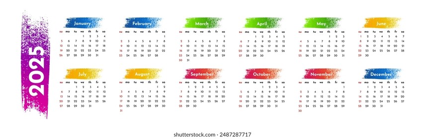 Horizontal calendar for 2025 isolated on a white background. Sunday to Monday, business template. Vector illustration