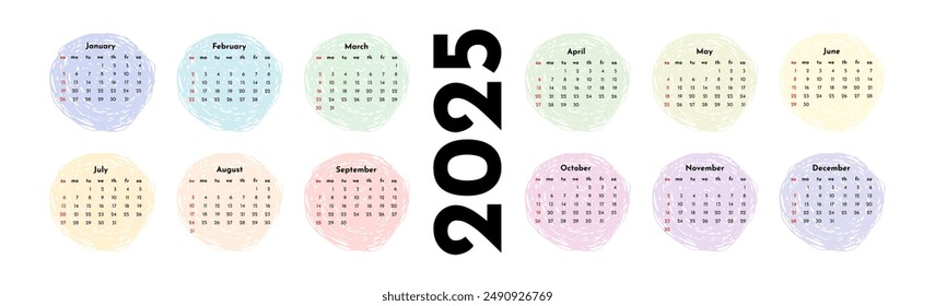 Horizontal calendar for 2025 isolated on a white background. Sunday to Monday, business template. Vector illustration