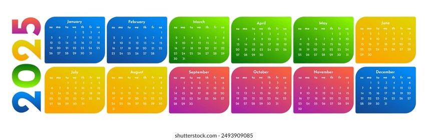 Horizontal calendar for 2025 isolated on a white background. Sunday to Monday, business template. Vector illustration