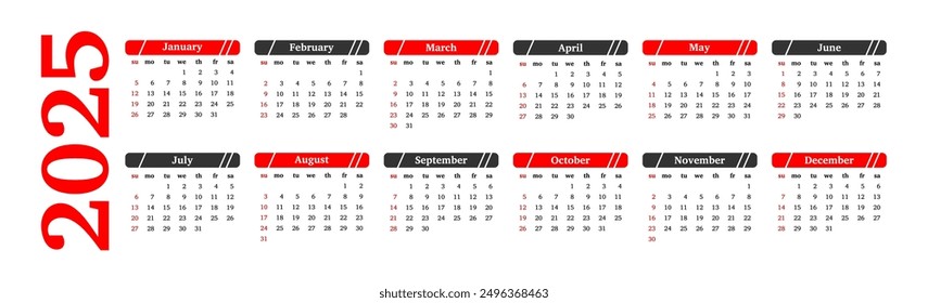 Horizontal calendar for 2025 isolated on a white background. Sunday to Monday, business template. Vector illustration