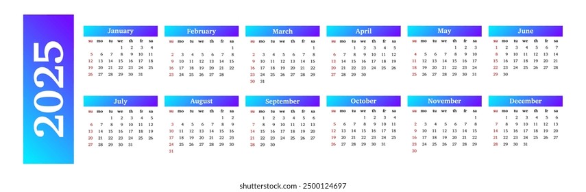 Horizontal calendar for 2025 isolated on a white background. Sunday to Monday, business template. Vector illustration