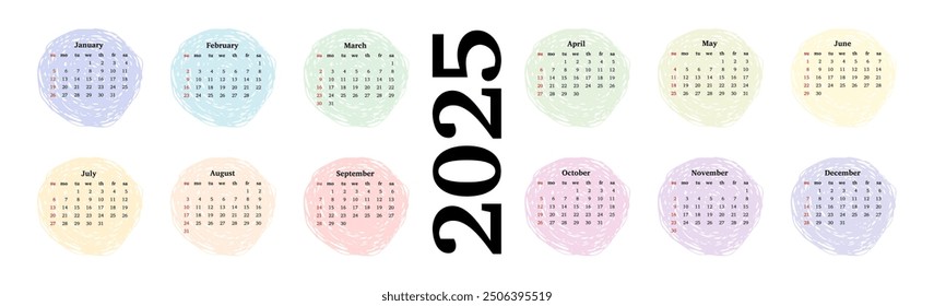 Horizontal calendar for 2025 isolated on a white background. Sunday to Monday, business template. Vector illustration