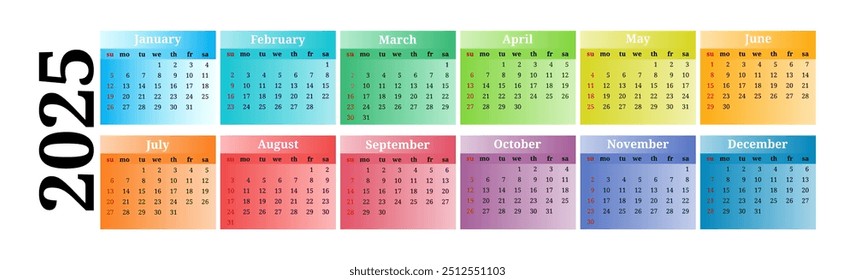Horizontal calendar for 2025 isolated on a white background. Sunday to Monday, business template. Vector illustration