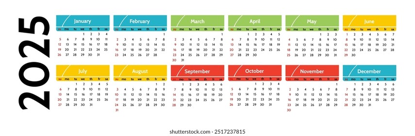 Calendário horizontal para 2025 isolado sobre um fundo branco. De domingo a segunda-feira, modelo de negócios. Ilustração vetorial