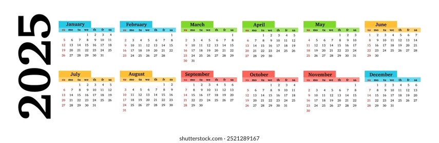 Horizontal calendar for 2025 isolated on a white background. Sunday to Monday, business template. Vector illustration