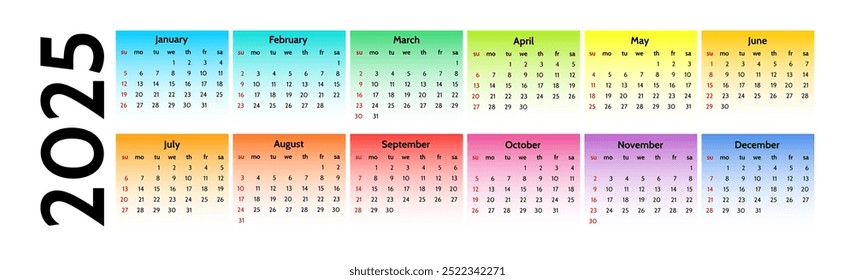 Horizontal calendar for 2025 isolated on a white background. Sunday to Monday, business template. Vector illustration