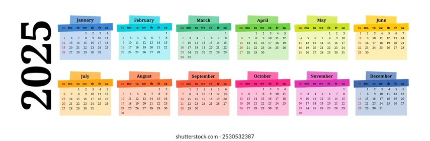 Calendario Horizontal para 2025 aislado en un fondo blanco. De domingo a lunes, Plantilla de negocios. Ilustración vectorial