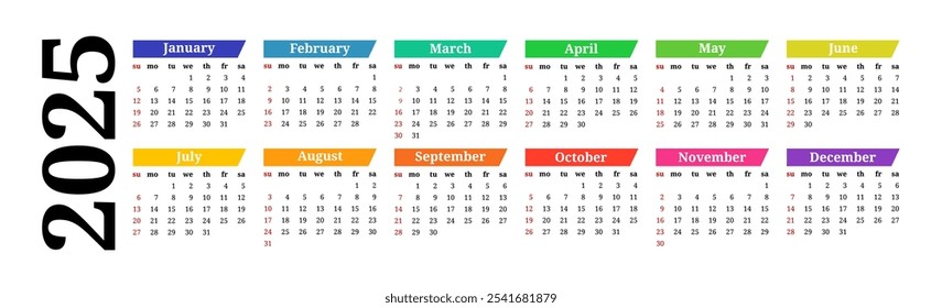 Calendário horizontal para 2025 isolado sobre um fundo branco. De domingo a segunda-feira, modelo de negócios. Ilustração vetorial