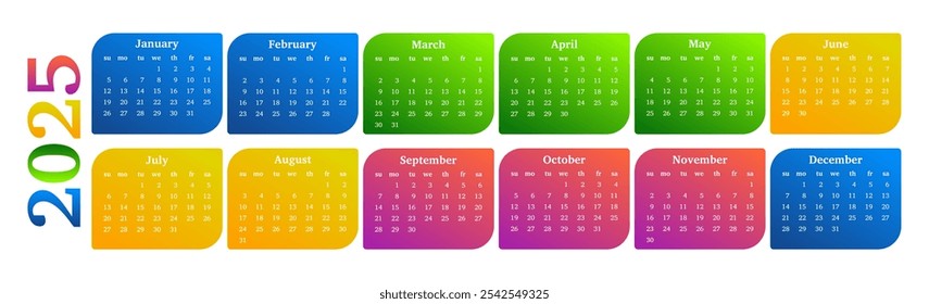 Calendário horizontal para 2025 isolado sobre um fundo branco. De domingo a segunda-feira, modelo de negócios. Ilustração vetorial