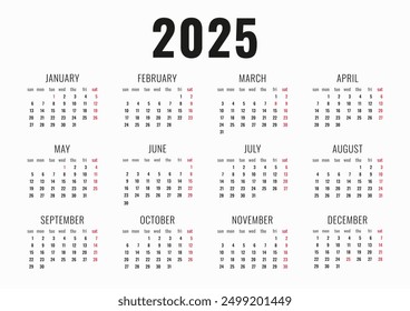 Horizontal Calendar 2025, week start Sunday, corporate design template A4. Vector illustration on white background.	